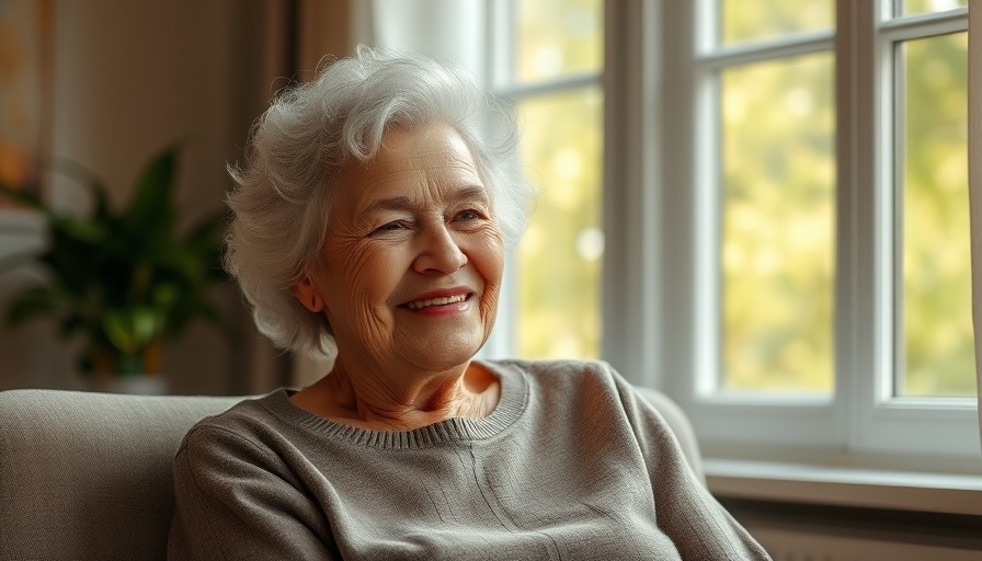 Portrait of an elderly woman sitting in a sunlit room, exuding calmness.