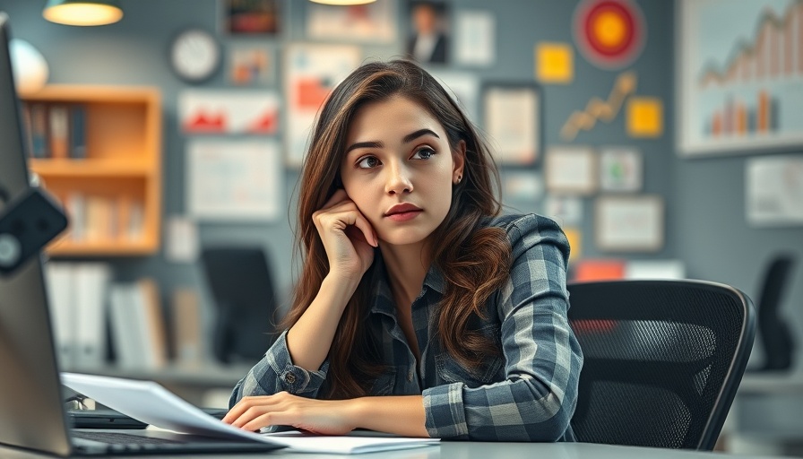 Marketing career paths insights, woman pondering at desk with marketing icons.