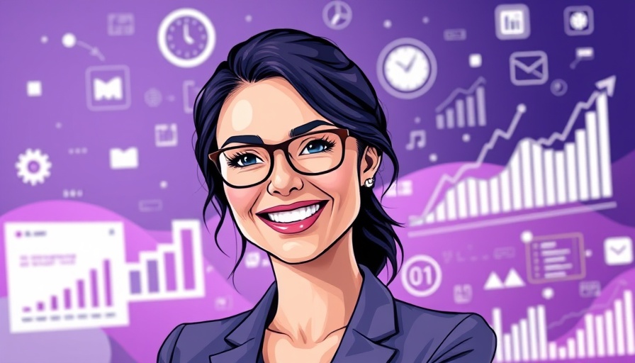 Professional woman smiling amidst digital workspace elements, boost executive presence on LinkedIn.