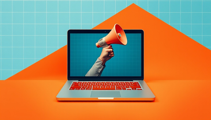 Surreal collage of a laptop with a megaphone, symbolizing AI's impact on publishers.