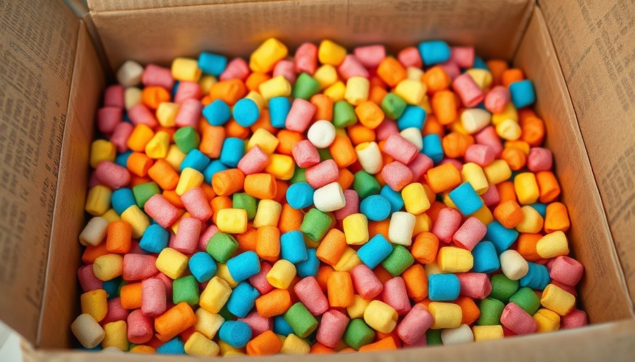 Colorful packing peanuts in a cardboard box with crumpled paper.
