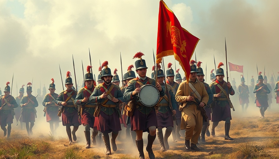 Colorful illustration of soldiers marching with a flag in a historical setting.