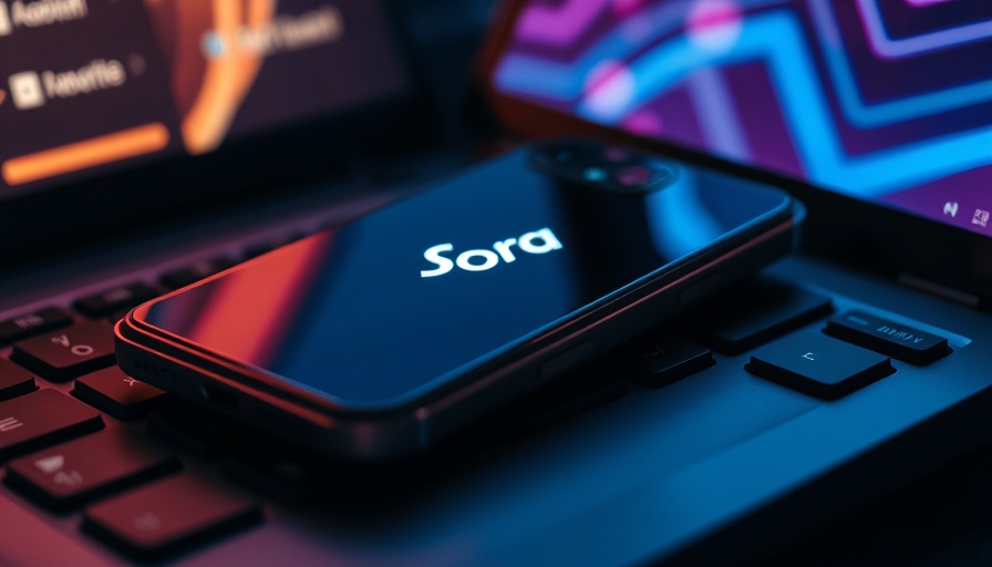 Close-up of 'Sora' logo on phone over keyboard, best marketing tools for SMBs.