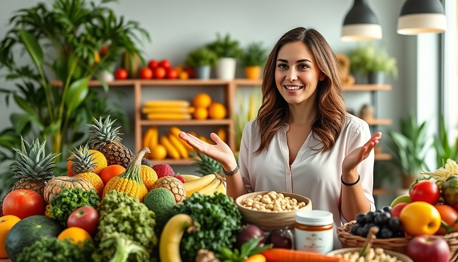 Longevity focus with supplements and fresh produce.