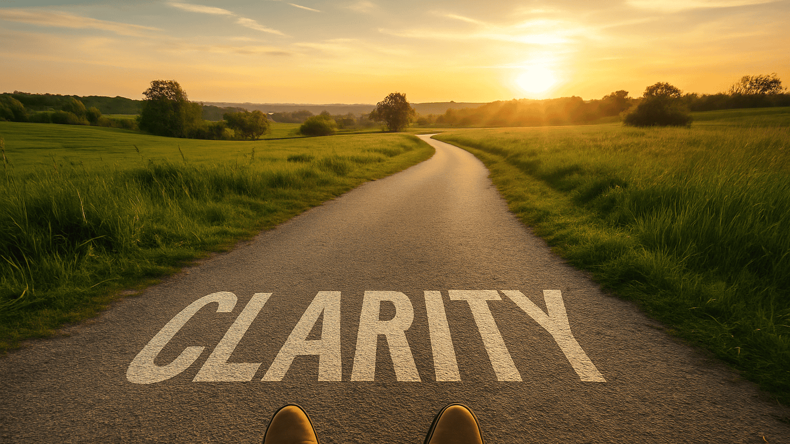 Person standing on a paved path at sunset with the word 'CLARITY' painted on the road ahead, symbolizing the journey ahead.