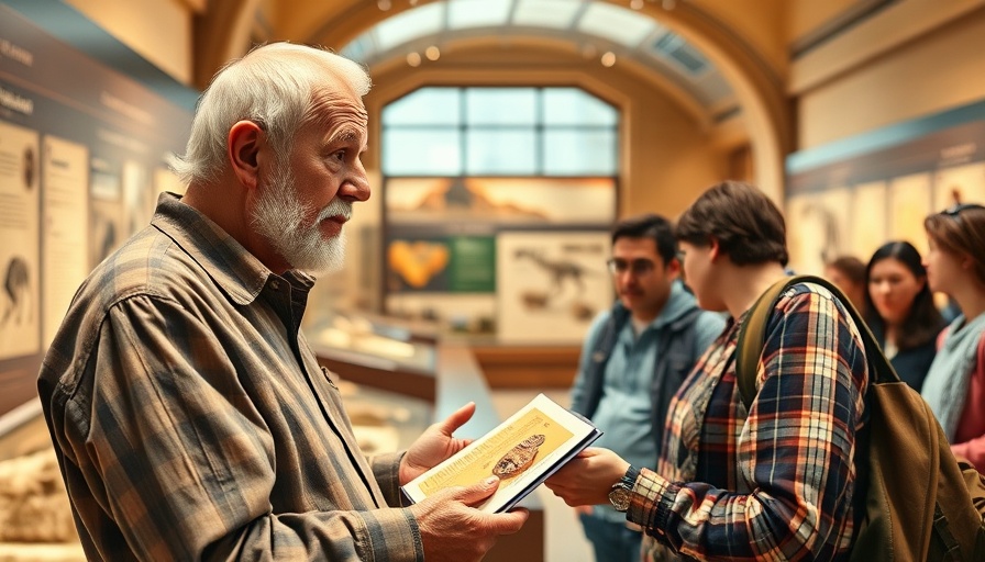 Elderly guide at Ohio museum explains fossils to visitors.