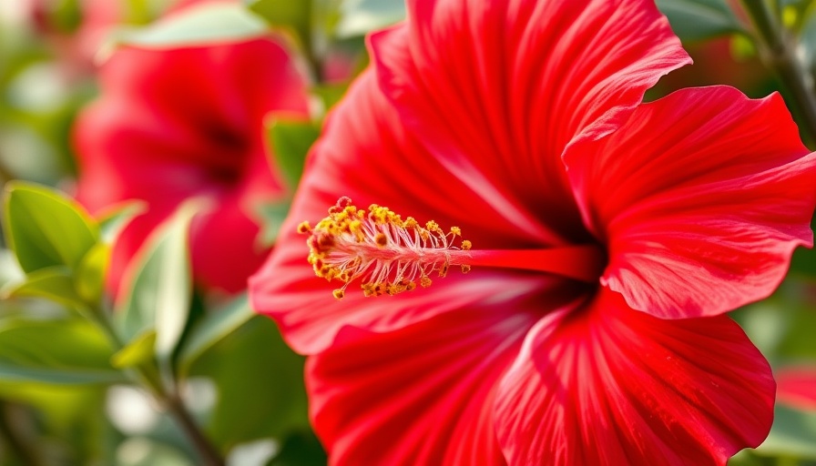 Vivid red hibiscus flower with lush green leaves in Hawaii