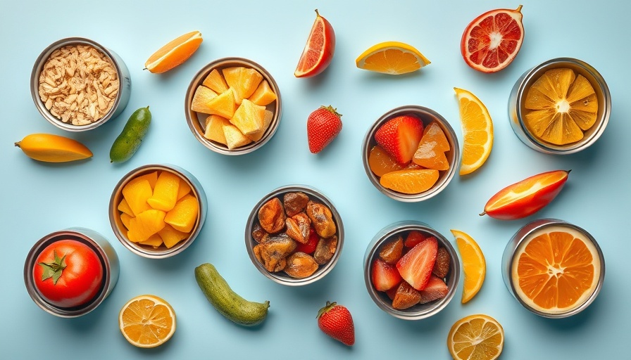 Assorted canned fruits on a blue background, focusing on health for diabetics.