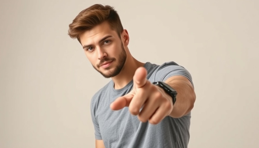 Confident young man pointing in casual t-shirt, bright space.