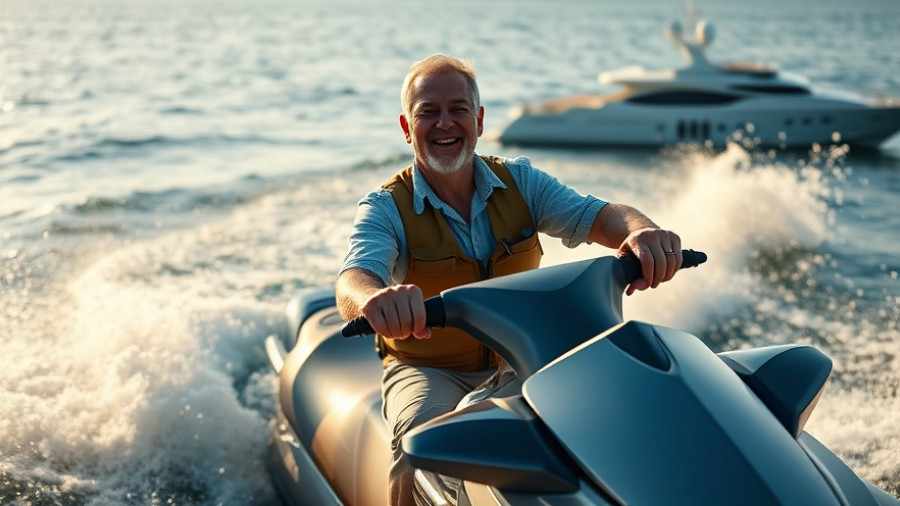 Older man enjoying jet skiing with yacht in ocean. 5% safe withdrawal rate retirement.
