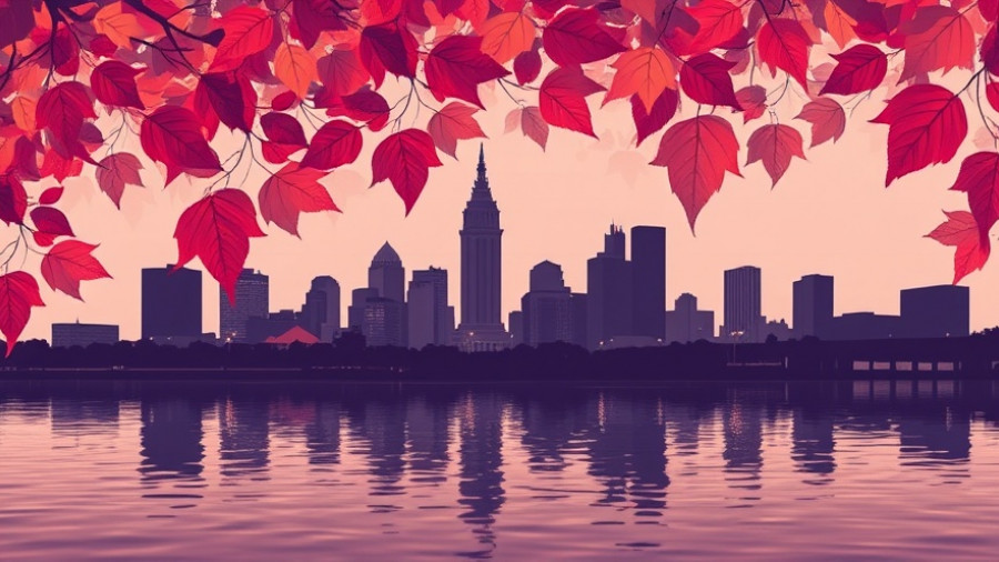 Artistic cityscape of Columbus with leaf motifs.