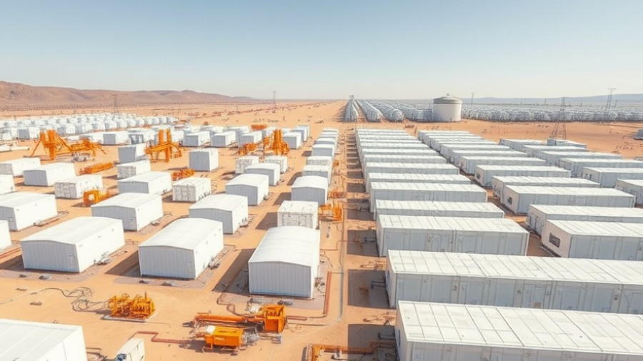 Redwood Materials energy storage facility with white units in desert landscape.