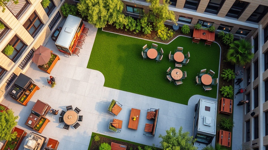 Aerial plan of a dog-forward social space in Columbus with seating and lawn.