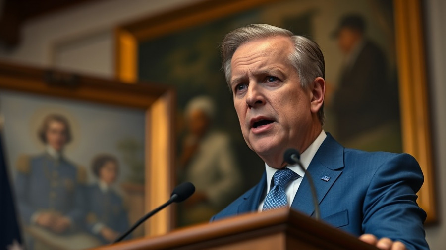 Political figure at a podium discussing Funding Trump's White House ballroom, intense expression.