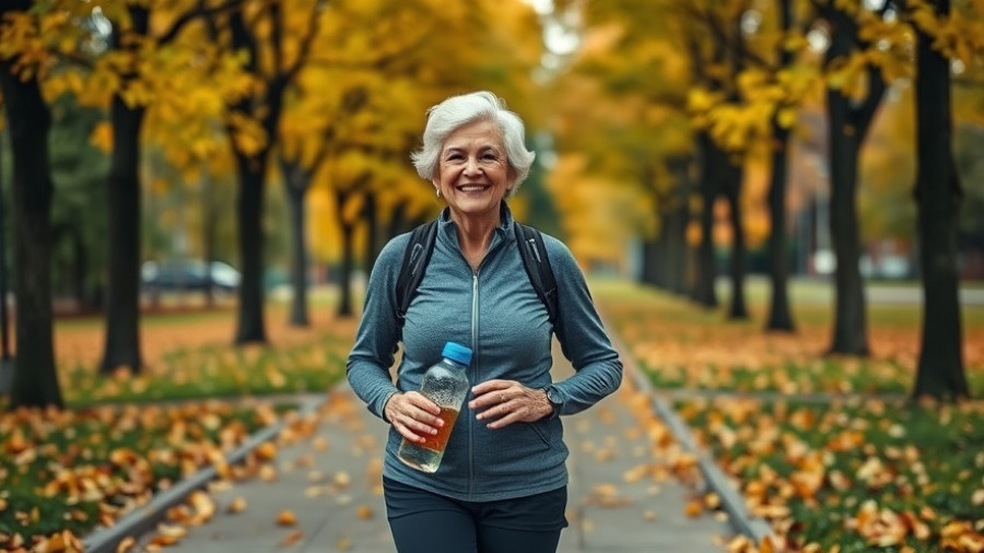Elderly woman walking with a smile in park, emphasizing benefits of walking 4000 steps.