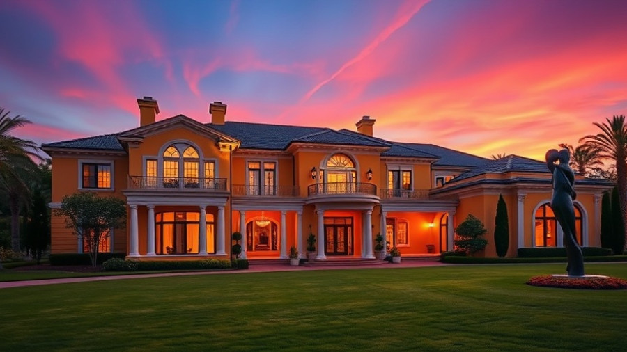 Hilliard Hacienda luxury home at dusk with manicured lawn and sculpture.