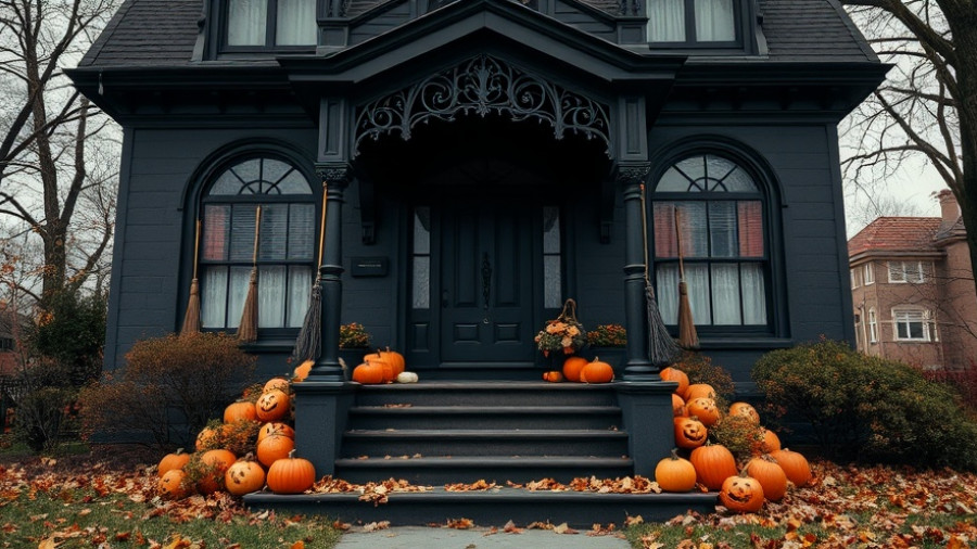 A.J. Soseby House with Halloween pumpkins and brooms decor.