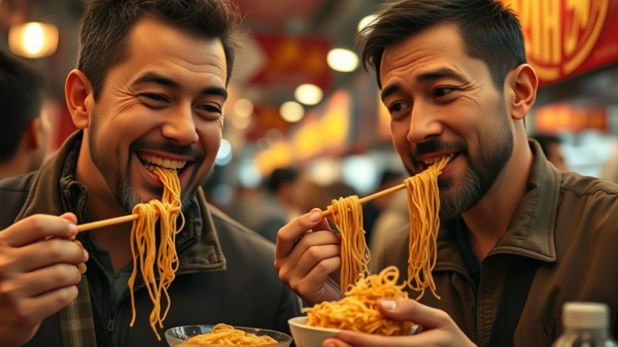 Two men enjoying noodles at the 2025 Taste of the Market event.