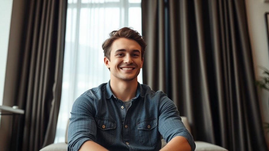 Casual young man indoors, smiling with crossed hands, modern setting.