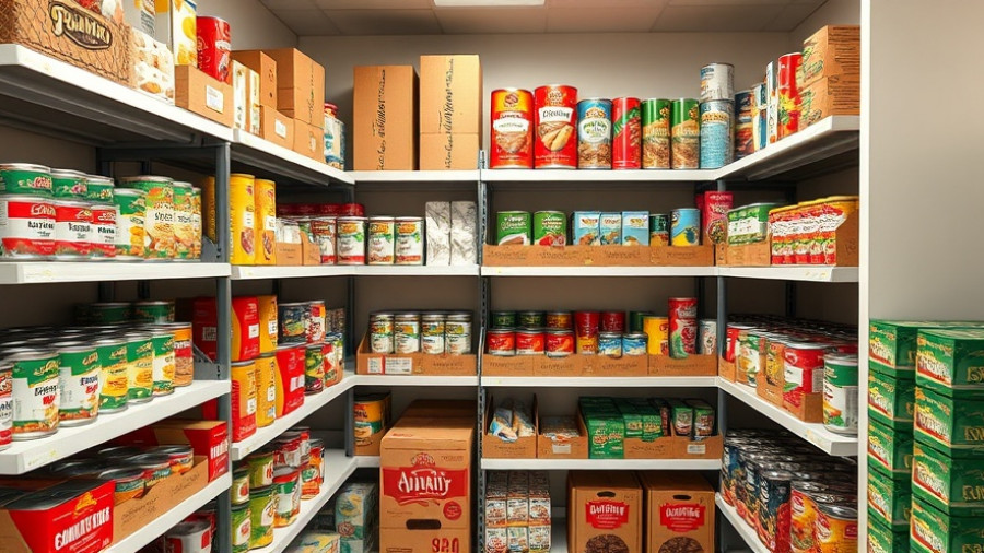 Columbus Foundation food pantry donation shelves organized with canned goods.