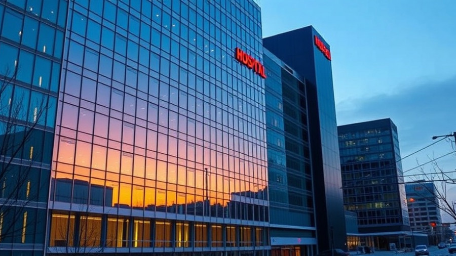 Modern hospital in Central Ohio at sunset, reflecting cityscape.