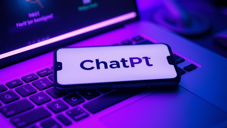Smartphone showing ChatGPT logo on purple-lit keyboard, AI chatbot mental health support.