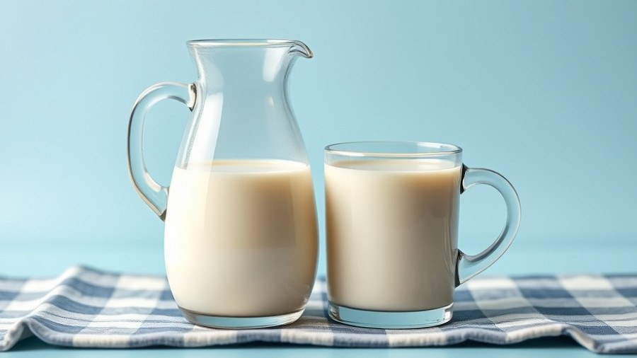 Glass jug and mug of milk on a checkered cloth with blue background.
