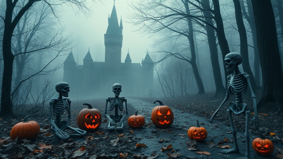 Skeletons and pumpkins on a foggy path under eerie trees, scary financial situations.