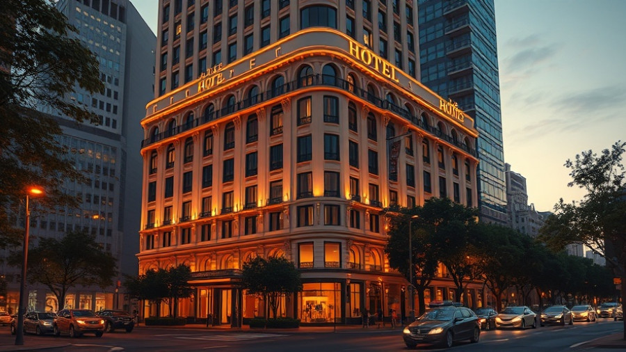 University Square hotel Ohio State at dusk, lively street scene.