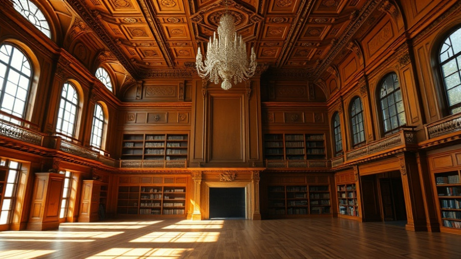 Luxurious grand library in $3.5M Blacklick estate with chandelier.