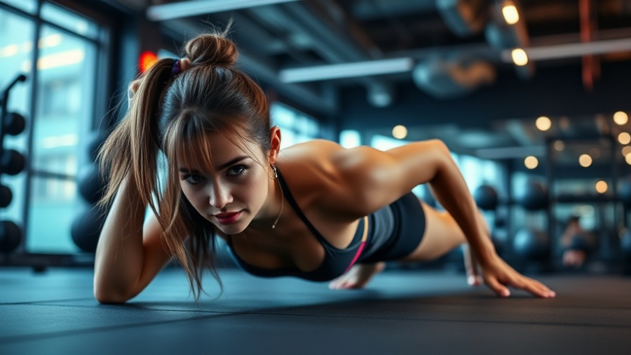 Woman performing push-ups in a gym setting, focused and determined.