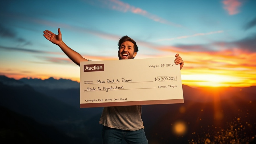 Excited person holding a large check in scenic mountain setting.