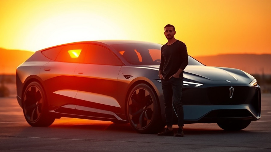 Silhouette beside modern vehicle at sunset; Rivian Mind Robotics AI.