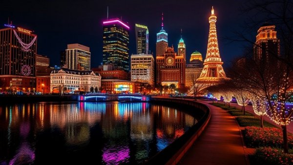 Columbus Christmas traditions: festive cityscape at night with lights.