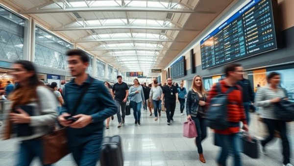 FAA flight cuts at major airports lead to busy terminal scene.