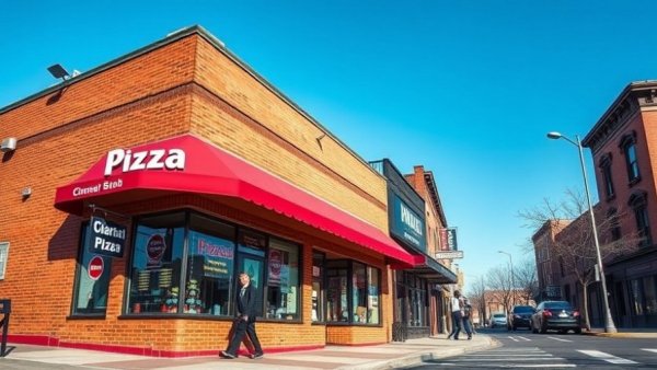 Panzera's Pizza exterior, corner location, bright red awning, clear sky.