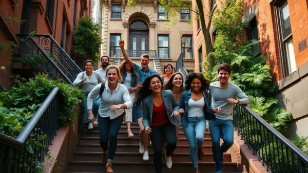 Energetic group in urban setting depicting housing security while renting.