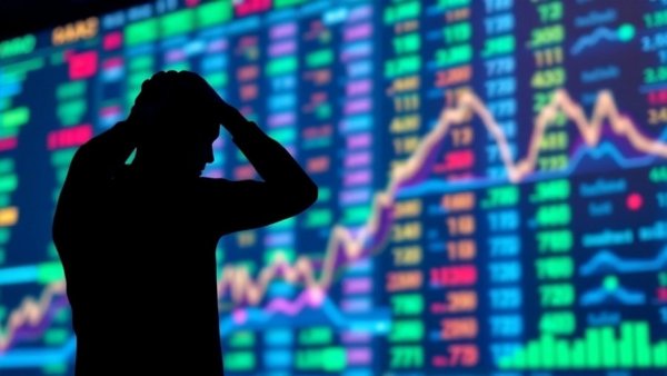 Silhouette person before digital stock market display, Wall Street losing faith in AI.