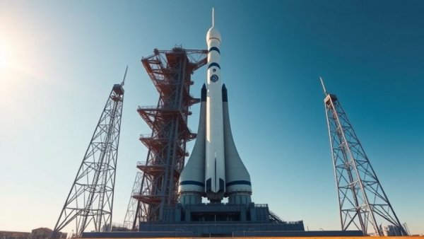 Blue Origin New Glenn launch rocket on pad, towering perspective.