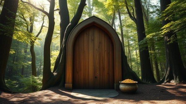 Mystical forest with doorway and gold, symbolizing investor underperformance.