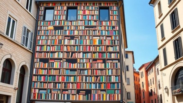 Vibrant bookshelf mural on Italian village building facade.