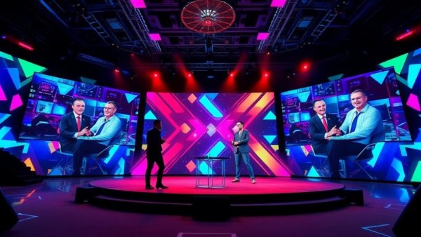 Vibrant tech conference stage with speakers discussing AI growth.