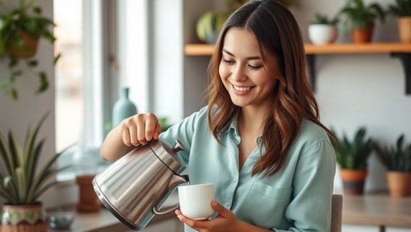 Young woman pours water in a cozy kitchen during her evening routine refresh.