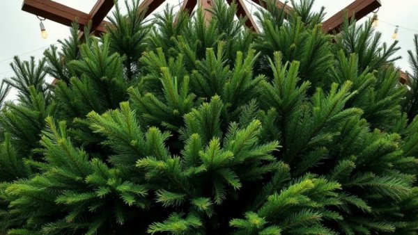 Christmas tree farms in Columbus, vibrant trees under string lights and cloudy sky.