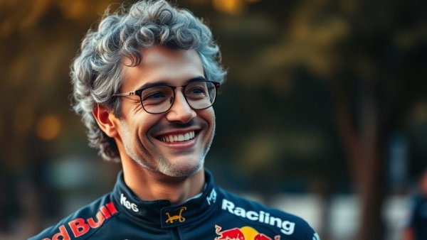 Red Bull Racing engineer smiling outdoors with blurred trees.