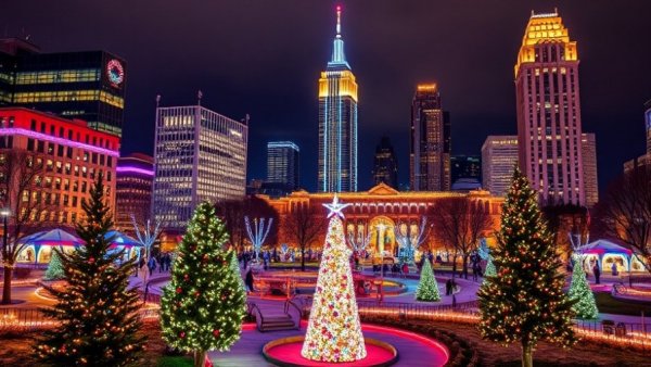 Festive holiday lights in a park in Columbus, Ohio.