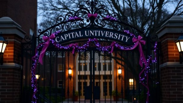 Capital University entrance decorated for tree lighting ceremony.