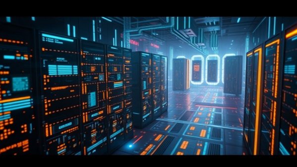 Futuristic digital cityscape illustrating the data center market with neon lights.