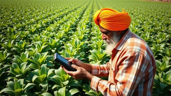 Farmer in orange turban using device in green field, emphasizing regenerative farming.