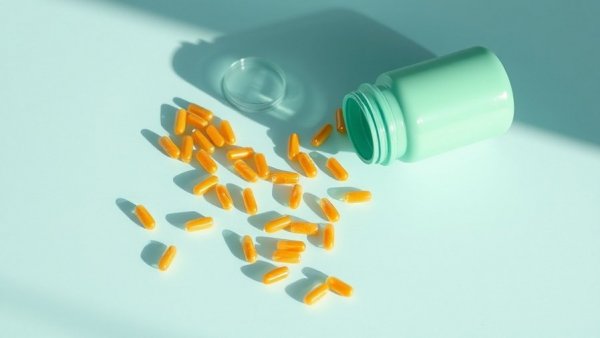 Golden capsules spilled on blue surface from a mint bottle, high-dose vitamin D for heart health.